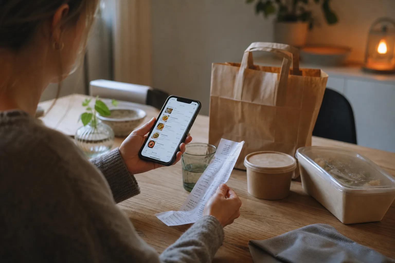 Person räknar på sina senaste matbeställningar i mobilen vid köksbordet