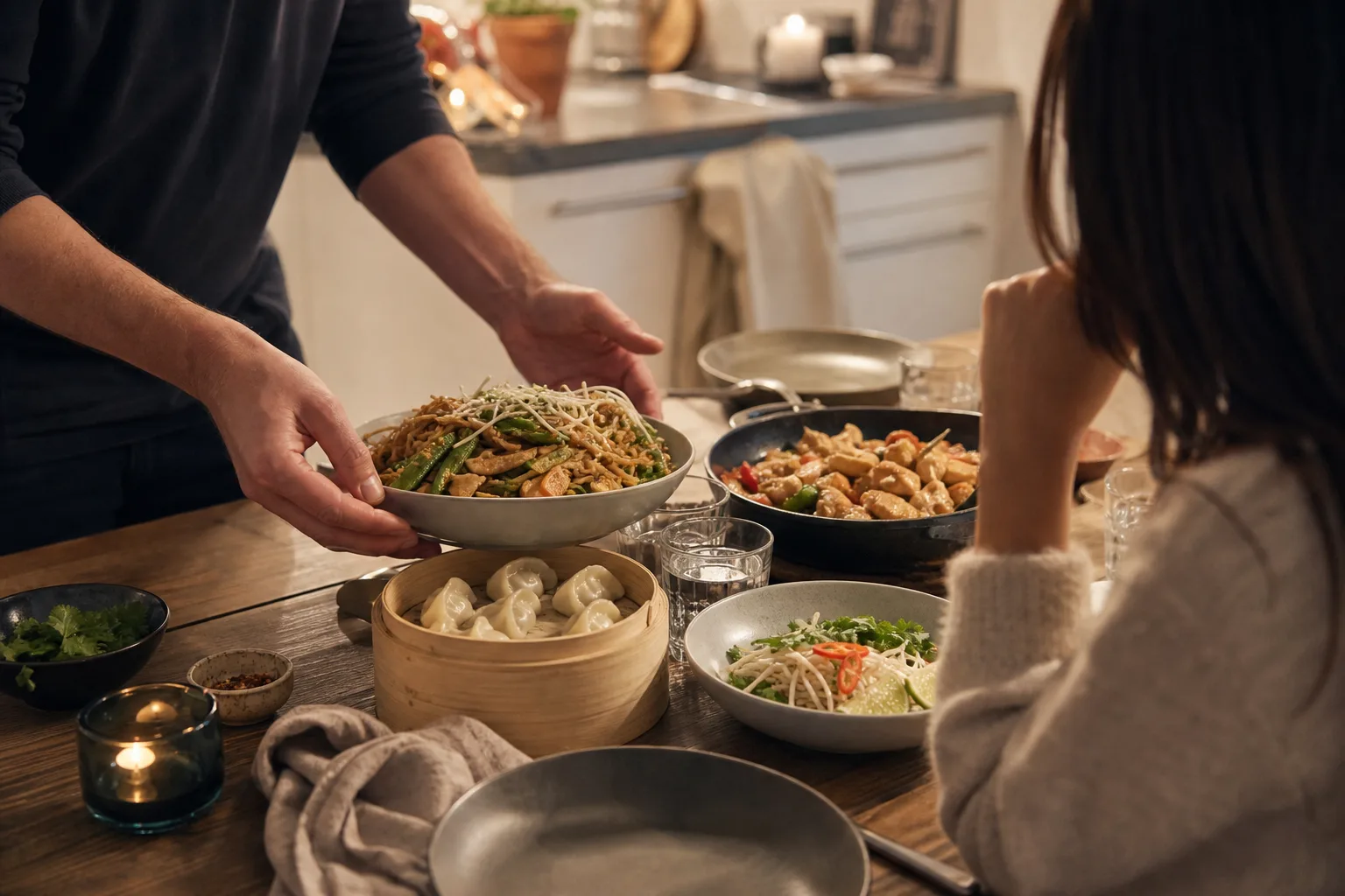 Ett bord dukat med flera asiatiska rätter i skålar: wok med nudlar, ångade dumplings och en kycklinggryta, hemma i ett svenskt kök