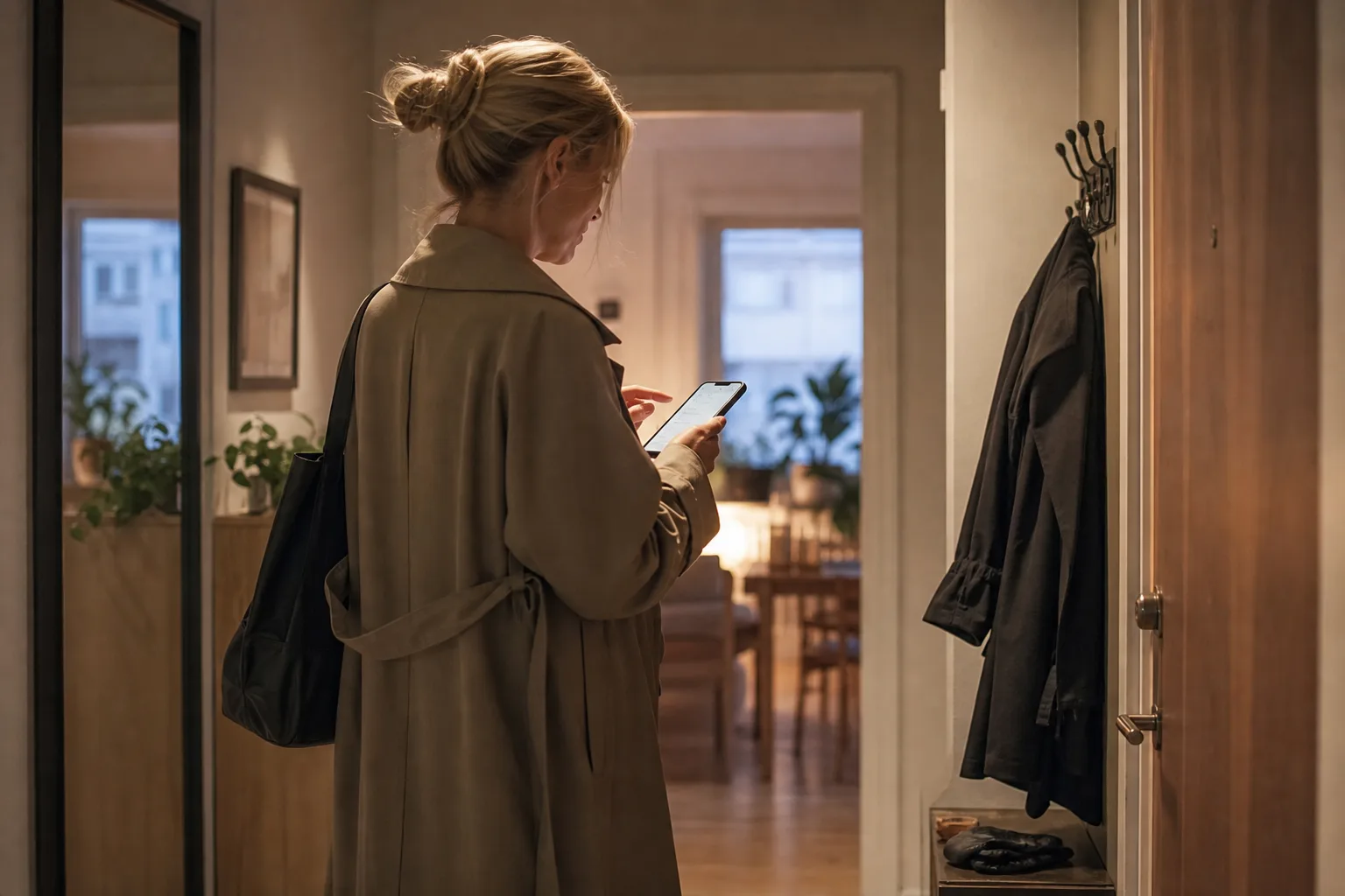 Person avbokar en middagsbokning via mobilen hemma i hallen på väg ut