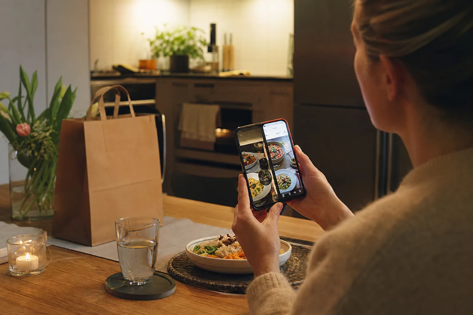 Person jämför två matleveransappar bredvid varandra i mobilen vid ett köksbord