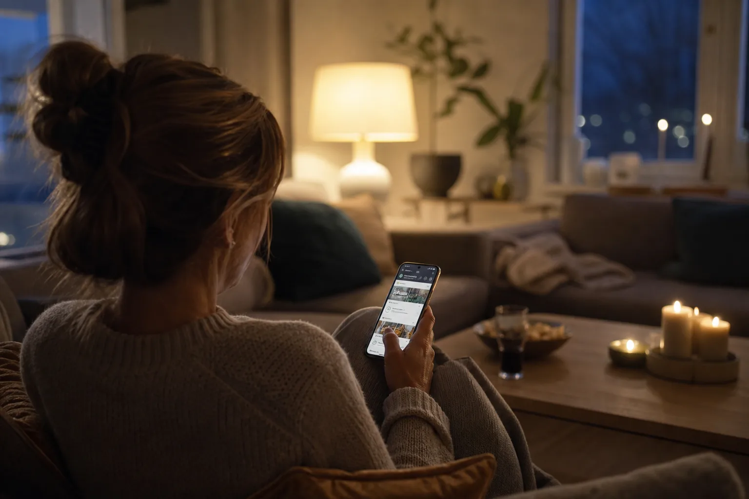 Person bokar bord på en restaurang via mobilen medan hen sitter i soffan hemma en vardagskväll