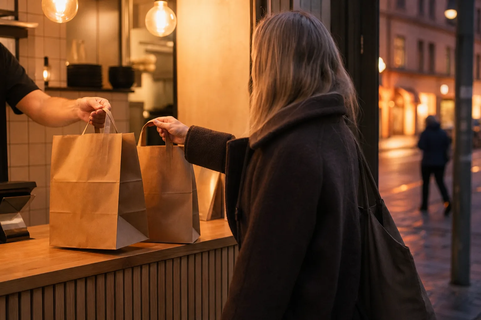 En person står vid en restaurangdisk och väljer mellan två färdiga takeaway-påsar