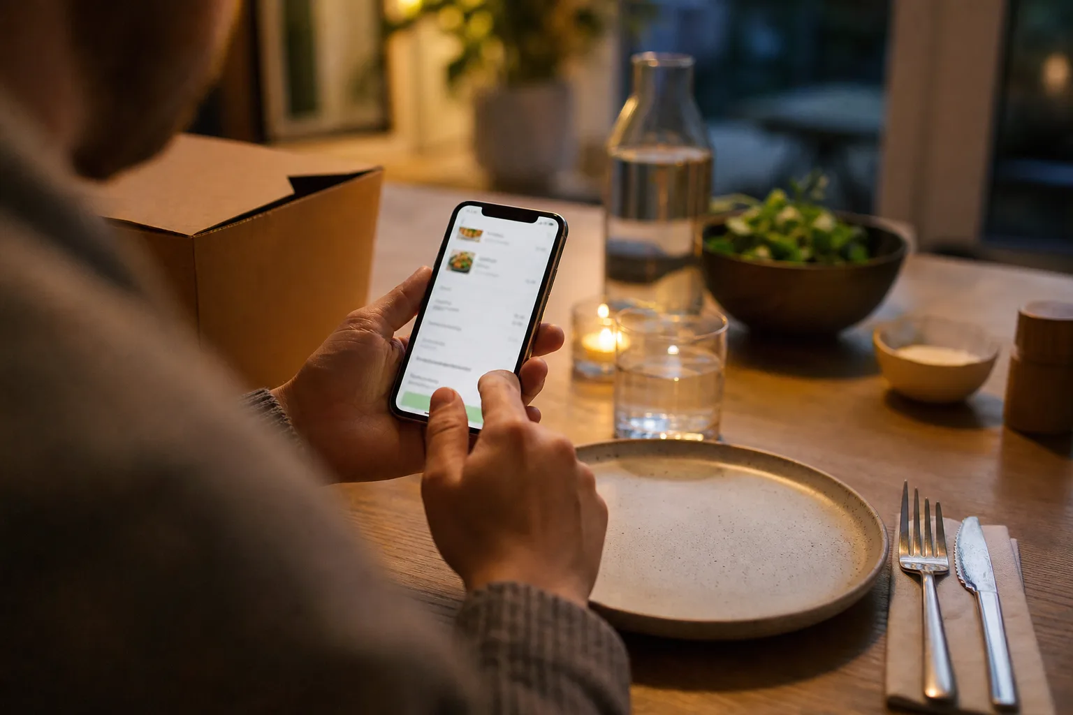 Person i telefonen går igenom kassan i en matbeställningsapp vid köksbordet