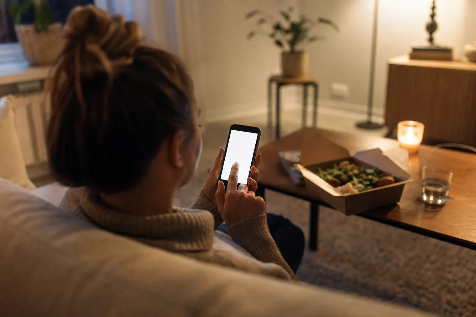 Någon sitter i en soffa hemma och beställer mat i mobilen