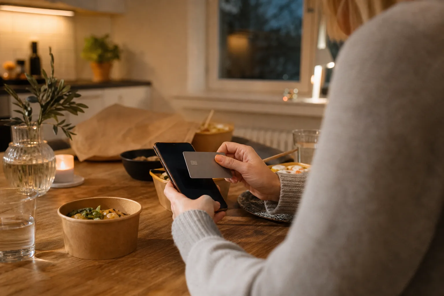 Person betalar en matbeställning med kort i mobilen vid köksbordet