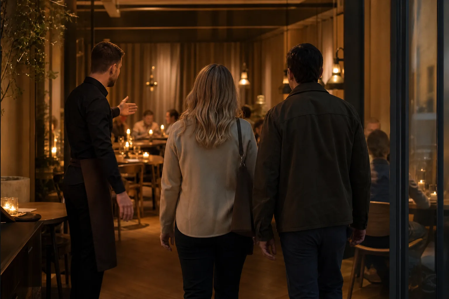 Par blir visade till sitt bokade bord av en servitör på en restaurang en kväll