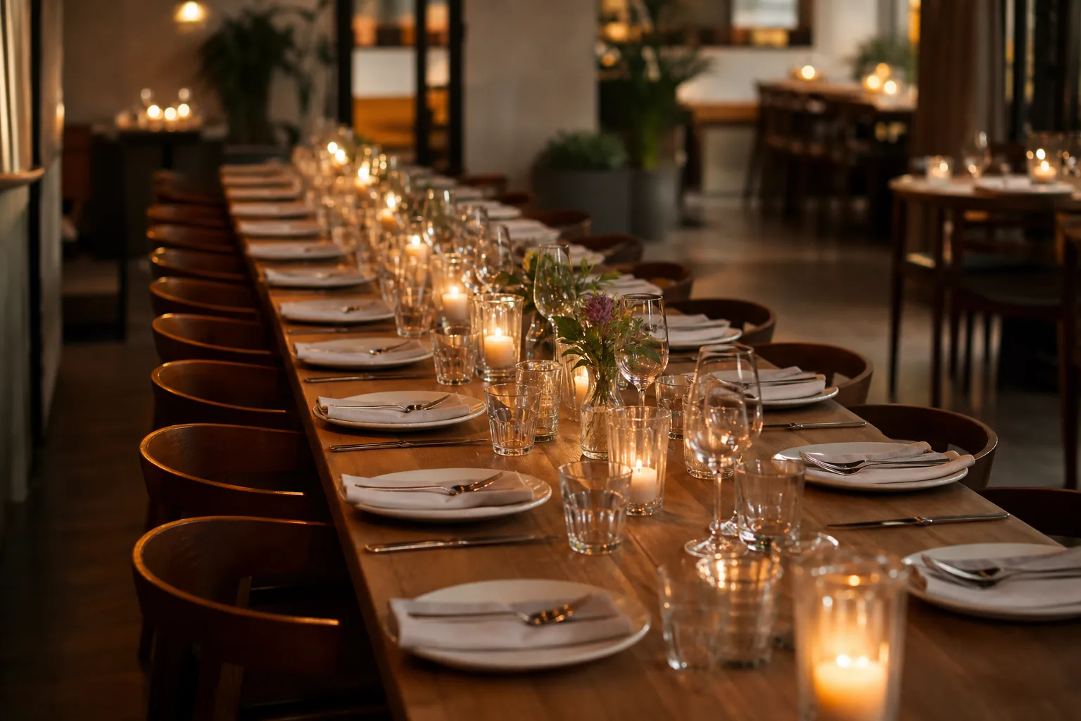 Ett långbord dukat för en stor grupp gäster i en restaurang inför en kvällsmiddag