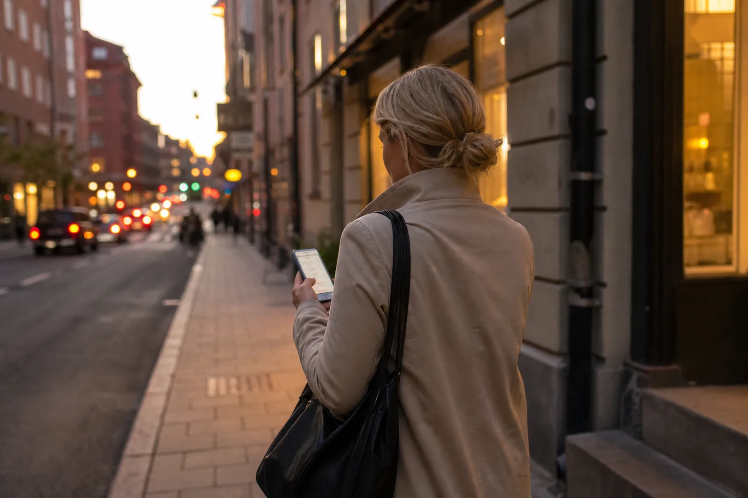 Person kollar mobilen efter lediga bord på väg hem från jobbet en vardagskväll