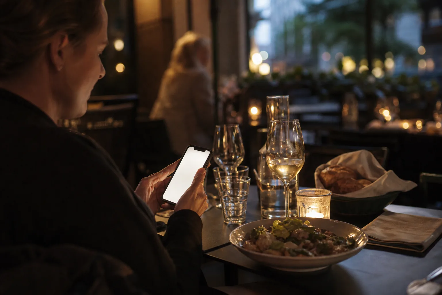 Person sitter vid ett dukat bord på en restaurang i Stockholm med en bokningsbekräftelse öppen i mobilen