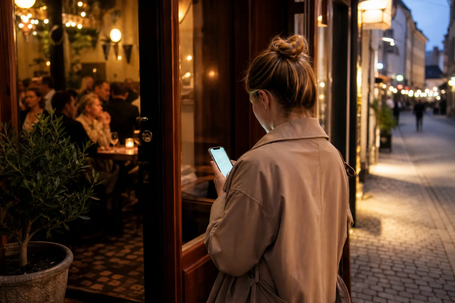 Person läser en bordsbokningsbekräftelse på mobilen utanför en restaurang i Uppsala en kväll