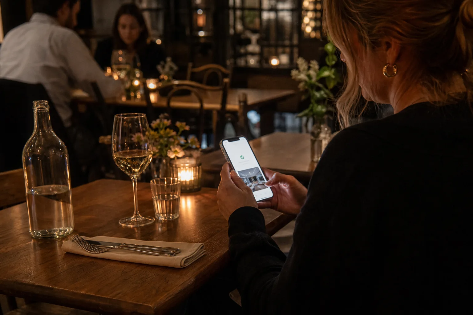 Person tittar på sin telefon med en bordsbokning och bekräftelse medan hen sitter vid ett dukat restaurangbord