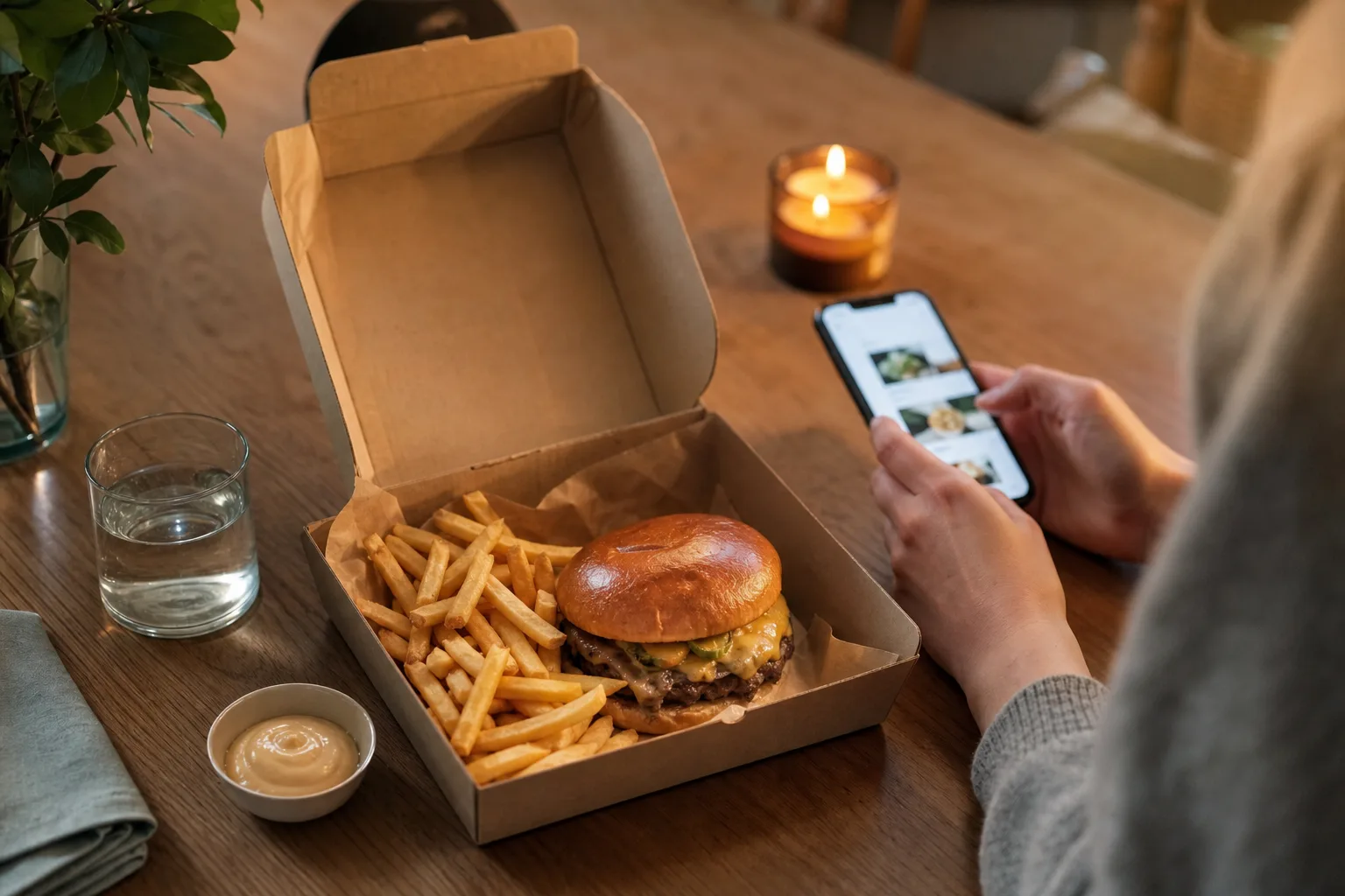 Hamburgare med pommes upplagda i en leveranslåda på ett köksbord bredvid en mobiltelefon med en beställningsapp