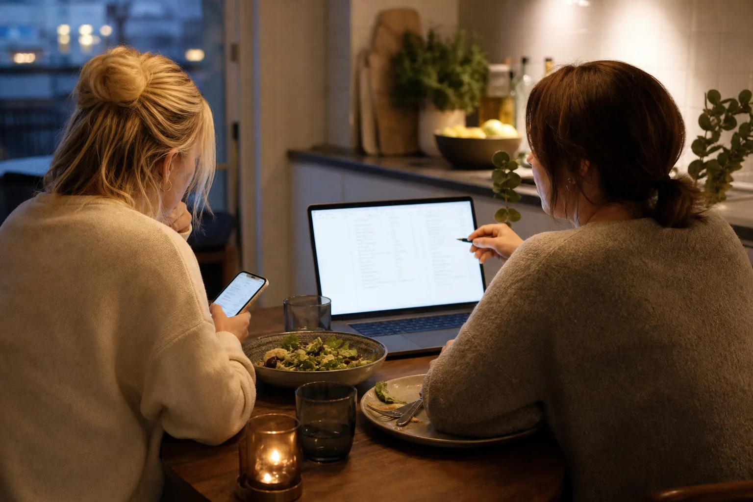Två vänner jämför en cateringoffert och en restaurangbokning vid köksbordet