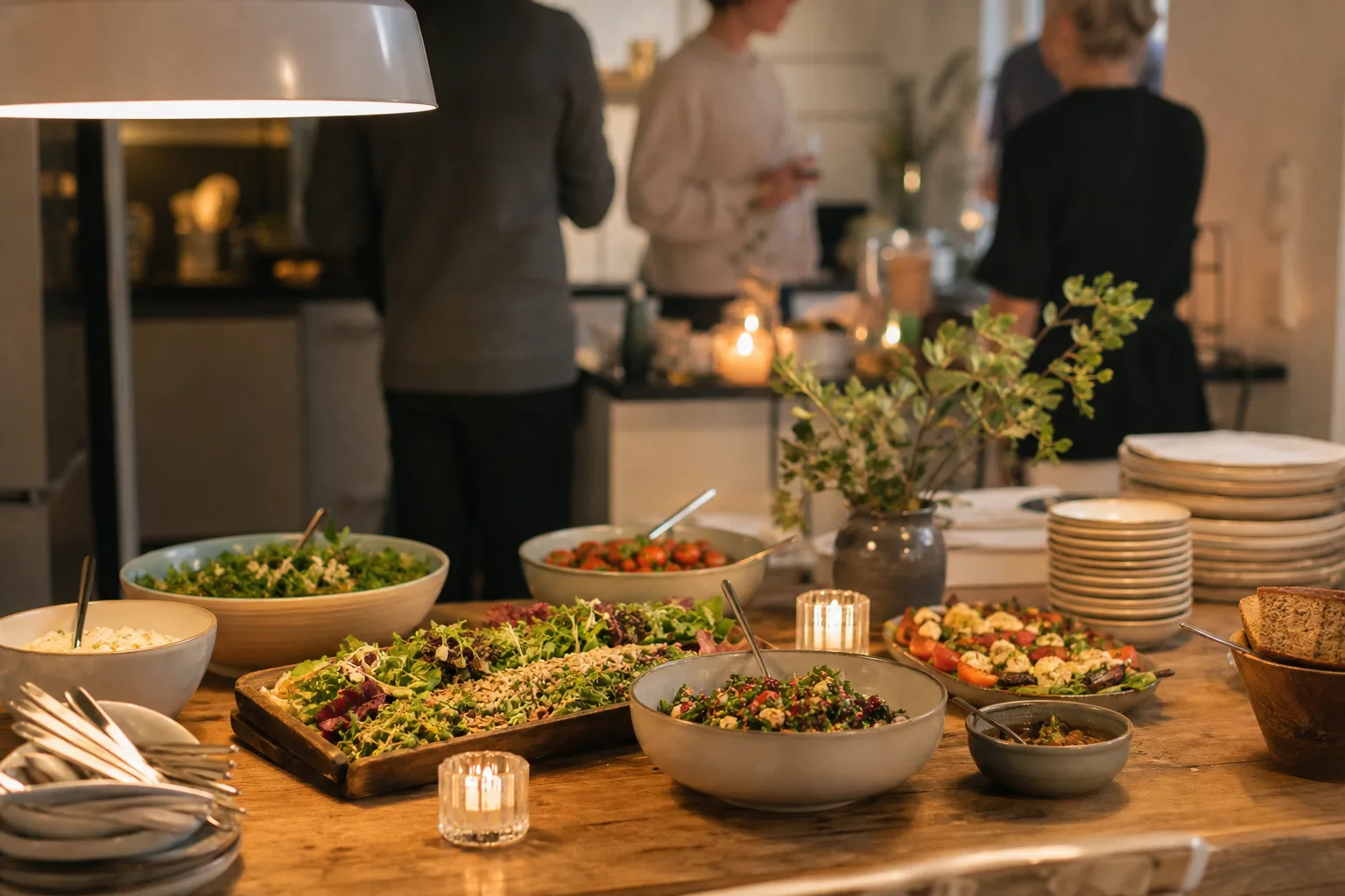 Uppdukat bord med serveringsfat inför en hemmafest