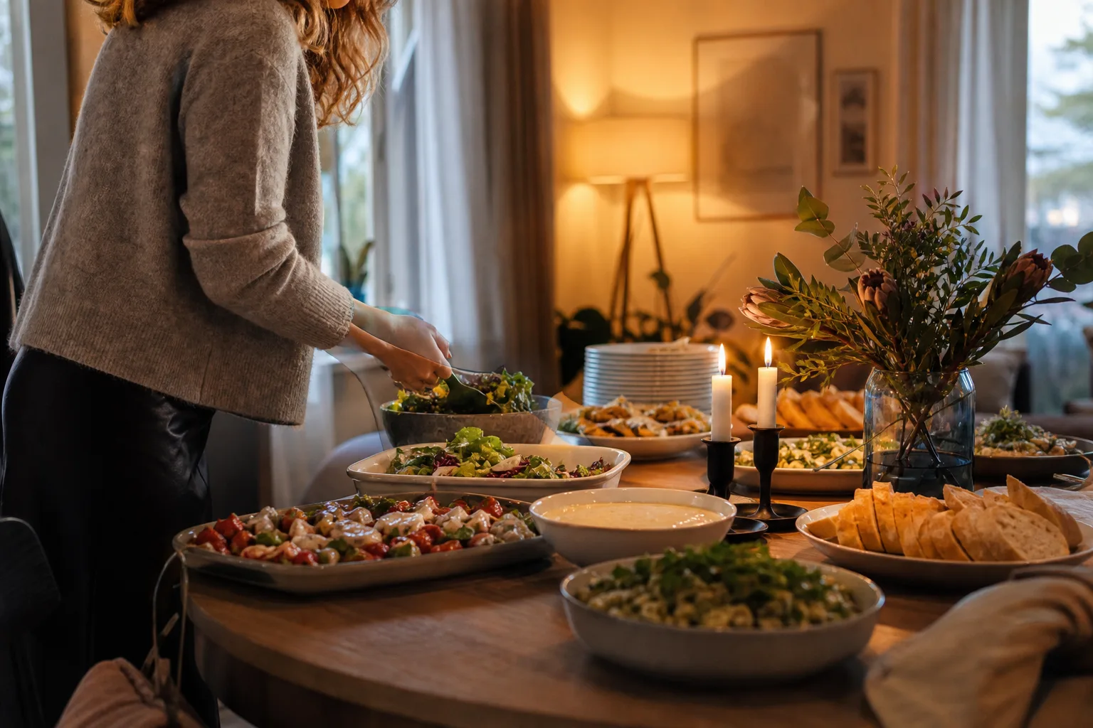 Värd dukar upp ett buffébord inför en födelsedagsfest hemma