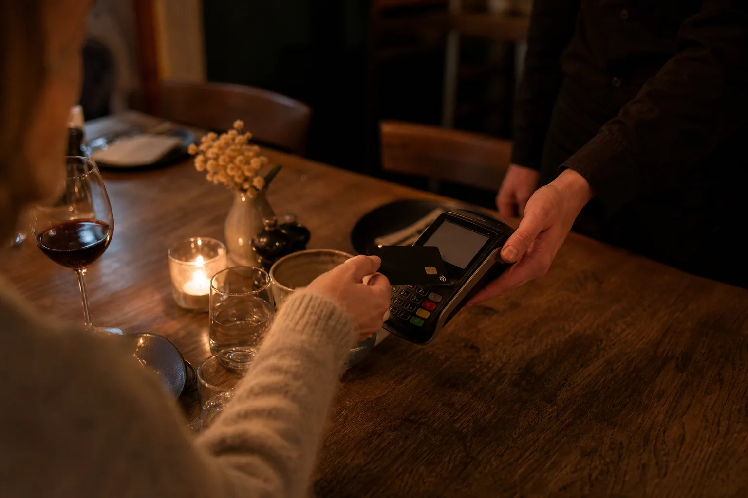 Gäst betalar notan med kortterminal på ett bord på restaurang