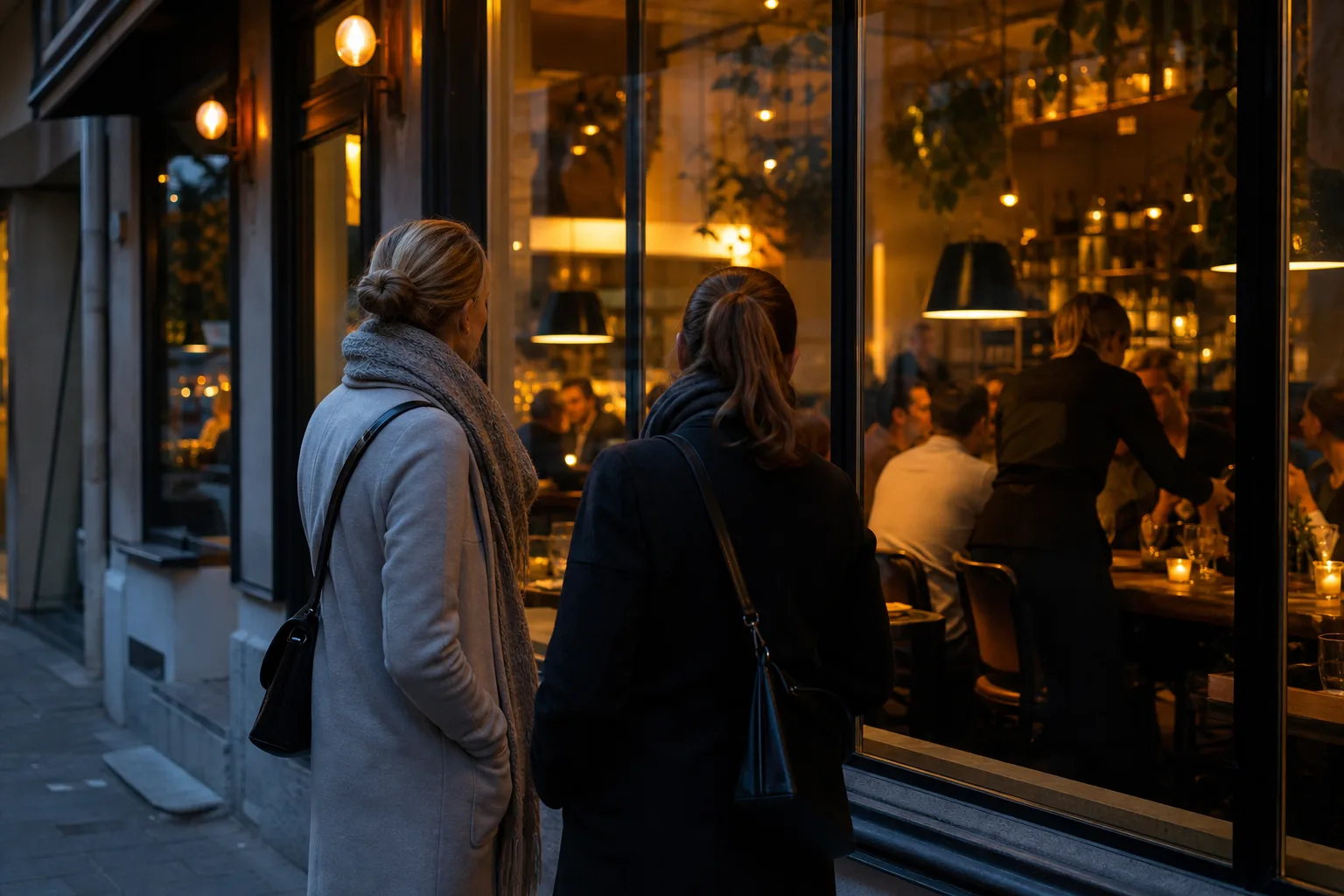 Två vänner står utanför en upplyst restaurang på kvällen och tittar in genom fönstret innan de bestämmer sig