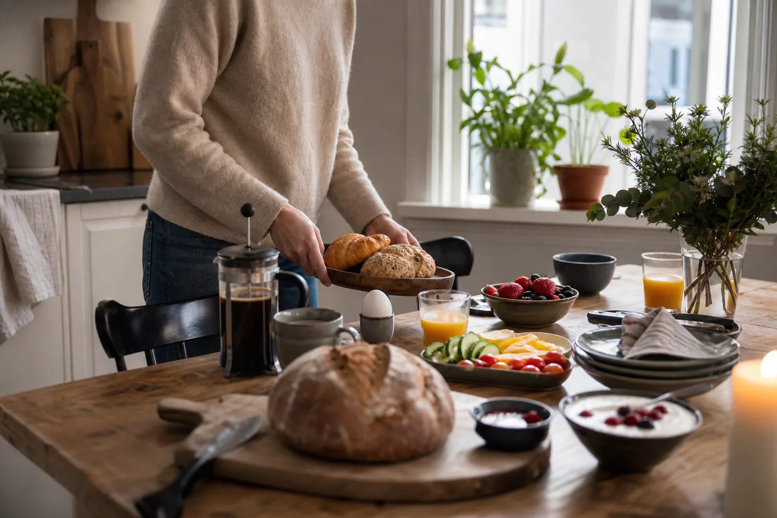 Ett dukat frukostbord med nybakat bröd, frukt och kaffe hemma i ett svenskt kök en helgmorgon