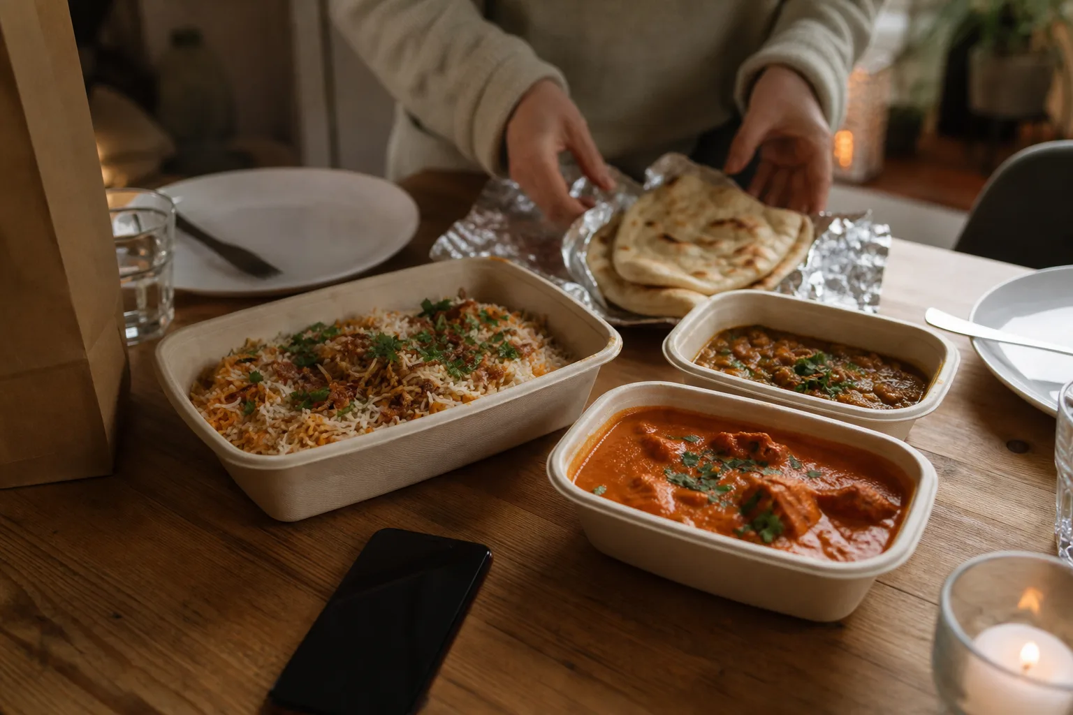 Indiska curryrätter, naanbröd och ris uppdukade i lådor på ett köksbord bredvid en mobiltelefon
