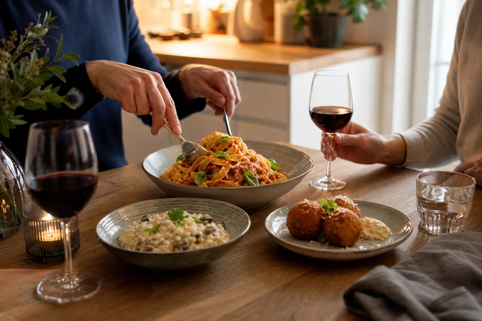 Ett köksbord dukat med en skål färsk pasta, en liten portion risotto och arancini, varmt kvällsljus i ett svenskt kök