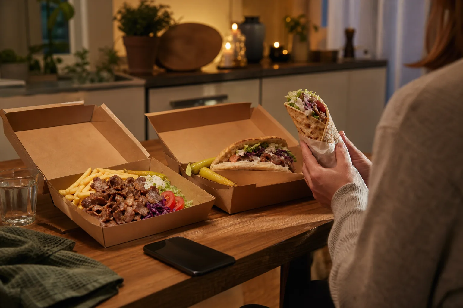 Kebabtallrik och kebabrulle upplagda bredvid varandra i leveranslådor på ett köksbord med en mobiltelefon intill