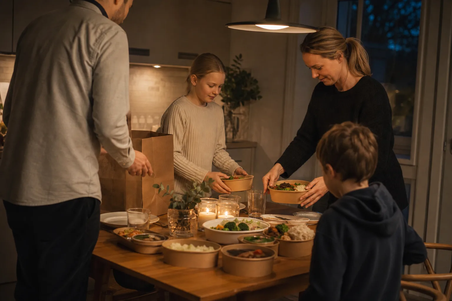 En familj dukar fram hemlevererad mat tillsammans vid köksbordet en vardagskväll