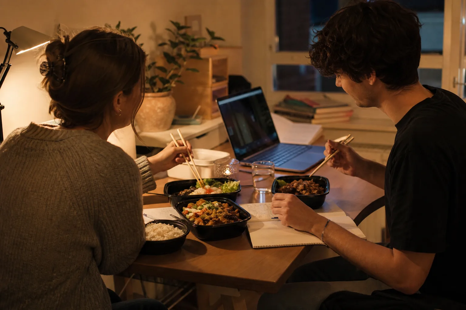 Två studenter delar en hemlevererad måltid vid ett skrivbord i ett studentrum