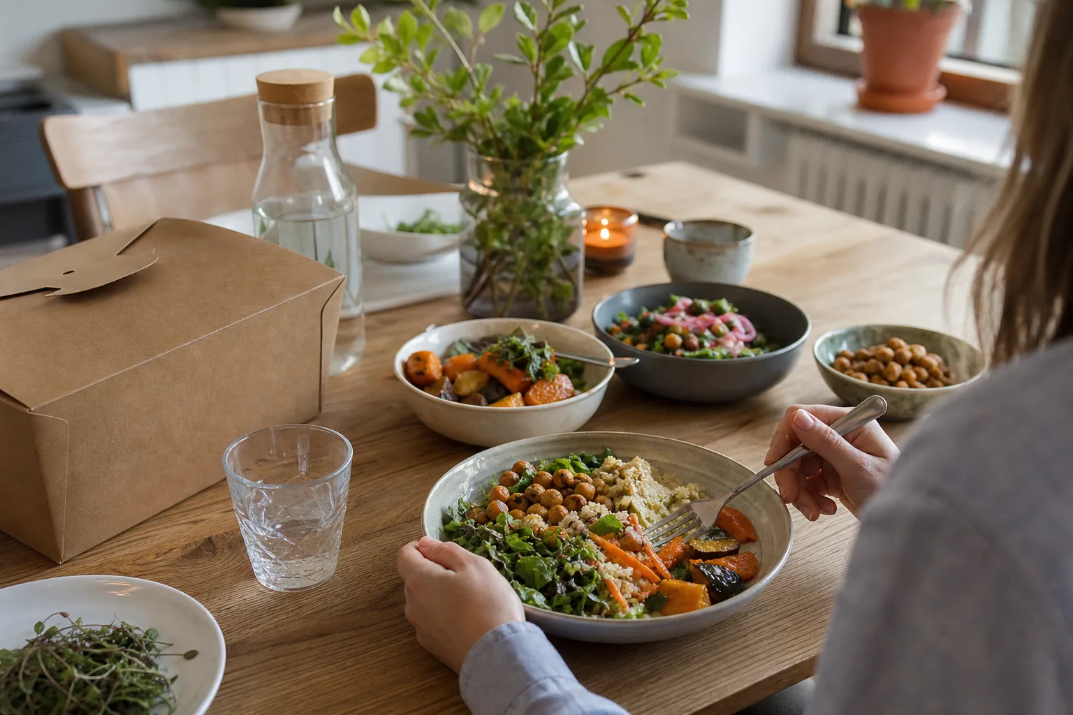 En hemlevererad vegetarisk måltid med grönsaker och baljväxter uppdukad på ett köksbord