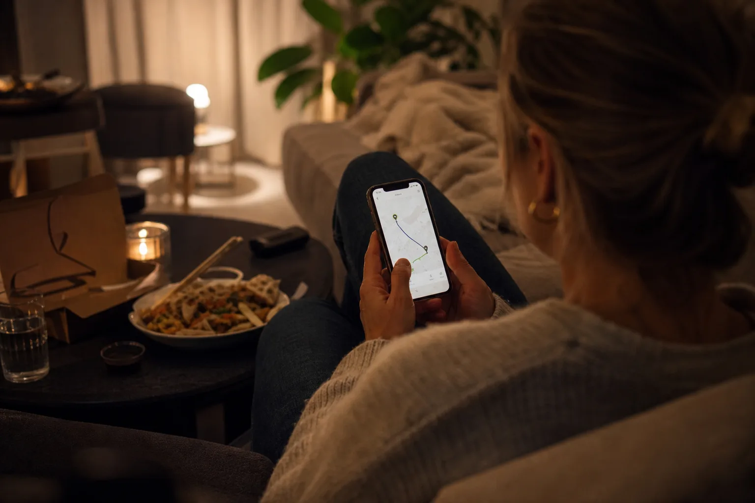 Person kollar leveransstatus i mobilen i soffan en fredagskväll