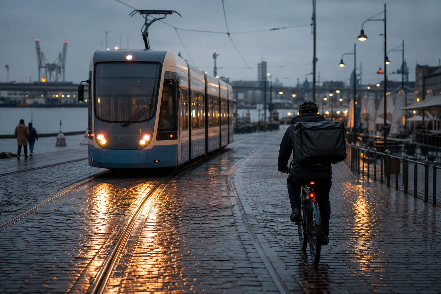 Leveranscyklist passerar en spårvagn på en regnvåt göteborgsgata