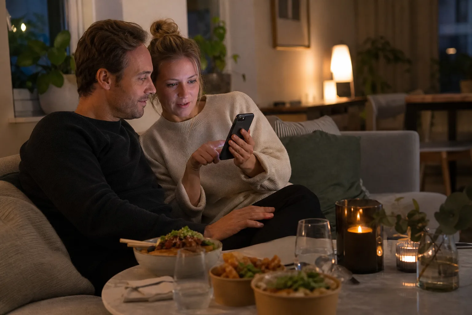 Ett par kollar leveransstatus i mobilen i soffan en fredagskväll