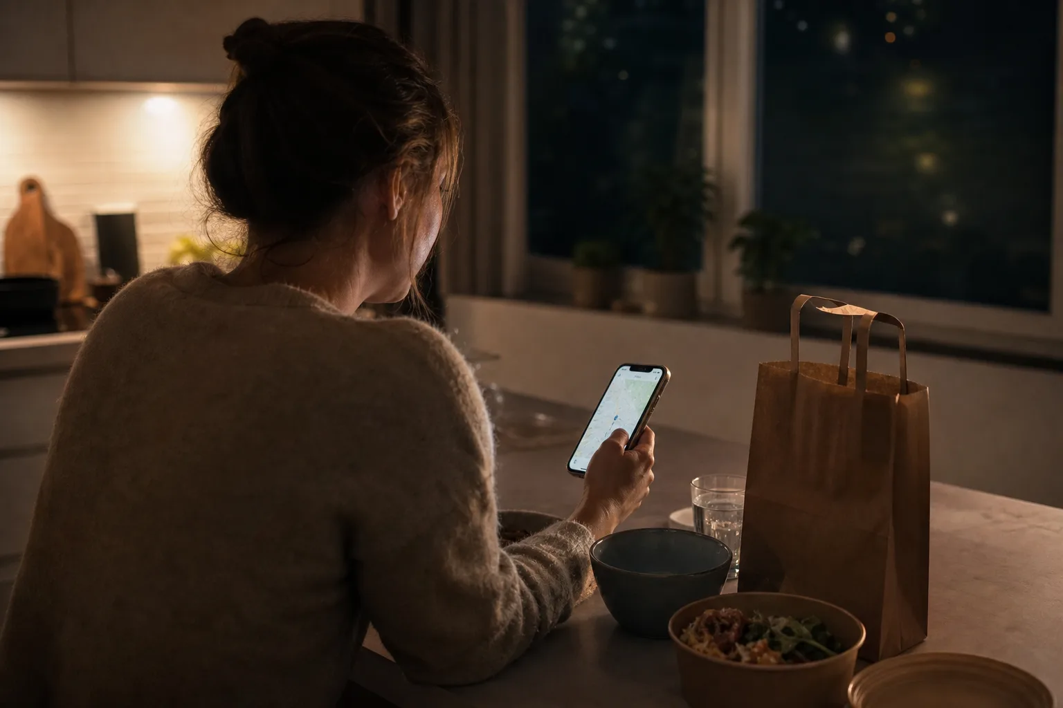 Person tittar på en leveransstatuskarta i mobilen i ett svagt upplyst kök på kvällen