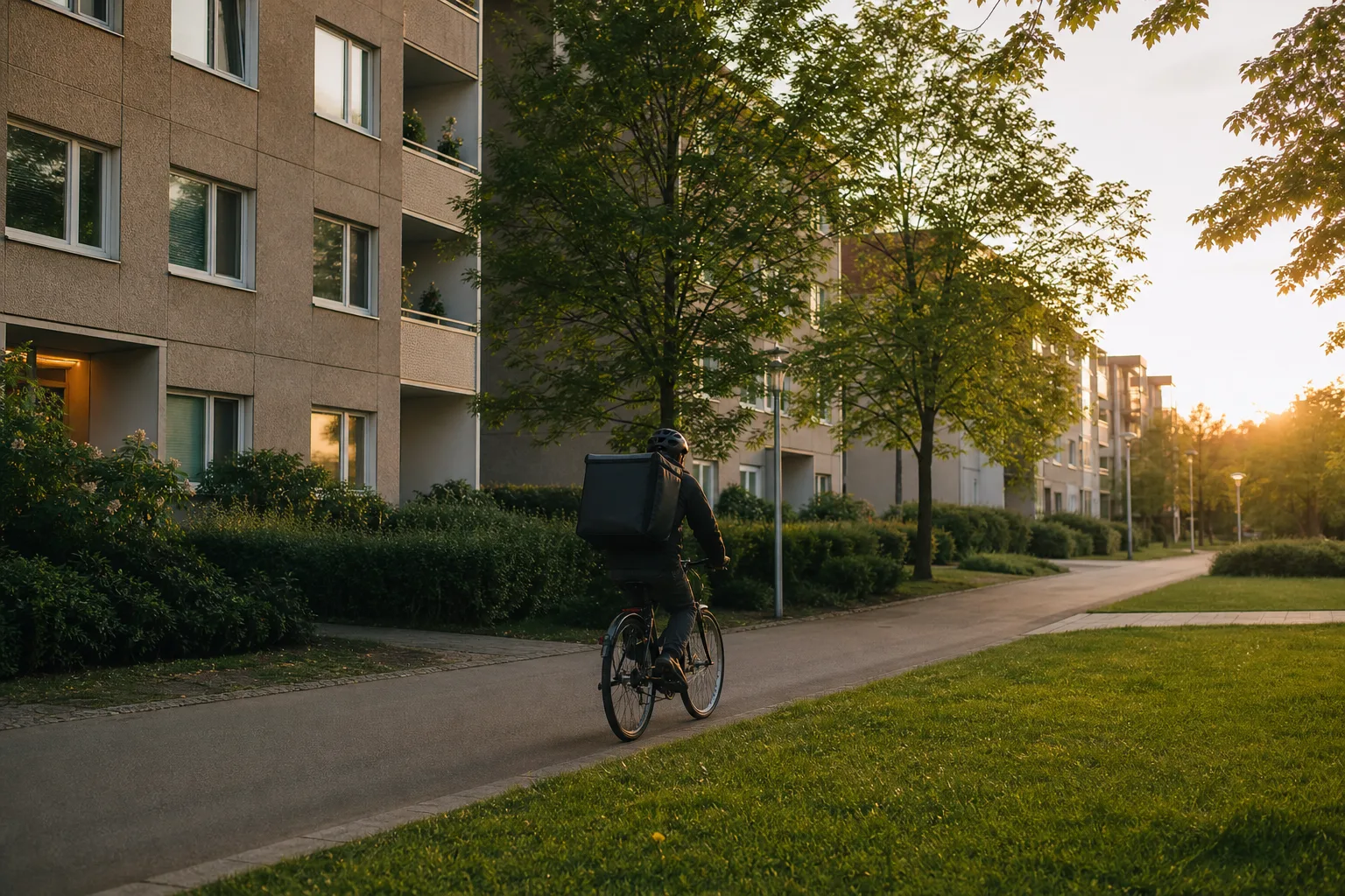 Leveranscyklist kör förbi ett studentbostadsområde i Linköping i kvällsljus