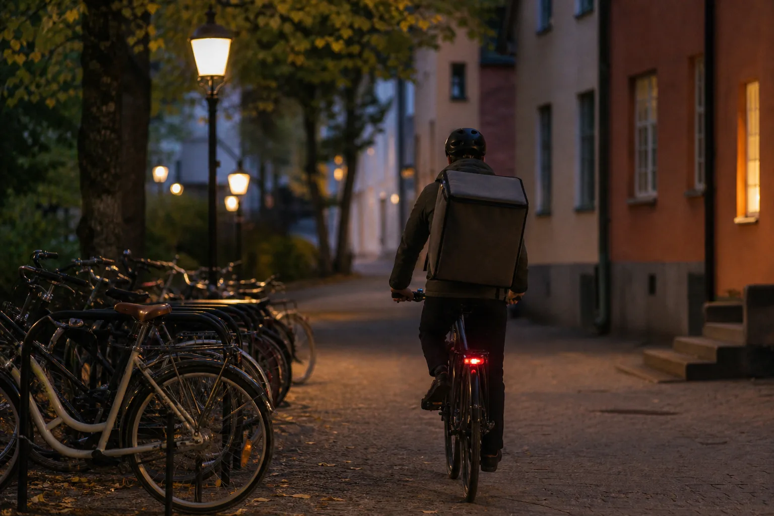 Cyklist med matleverans passerar cykelställ utanför ett studentboende i Lund på kvällen