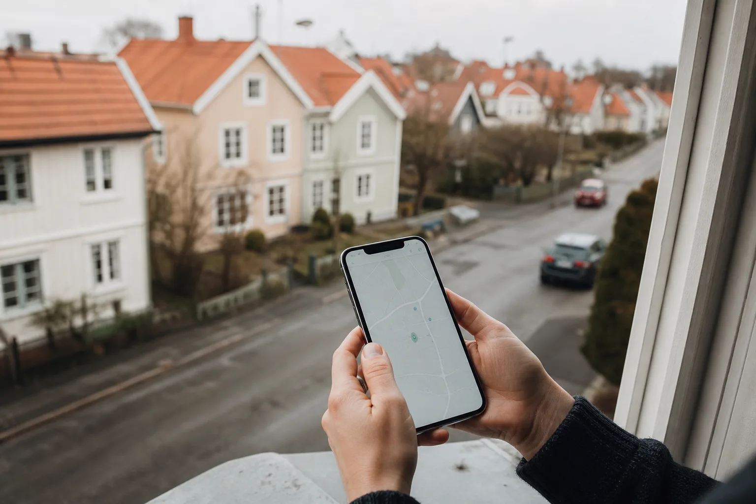 Person kollar en tom karta över restauranger i en mindre svensk tätort i mobilen