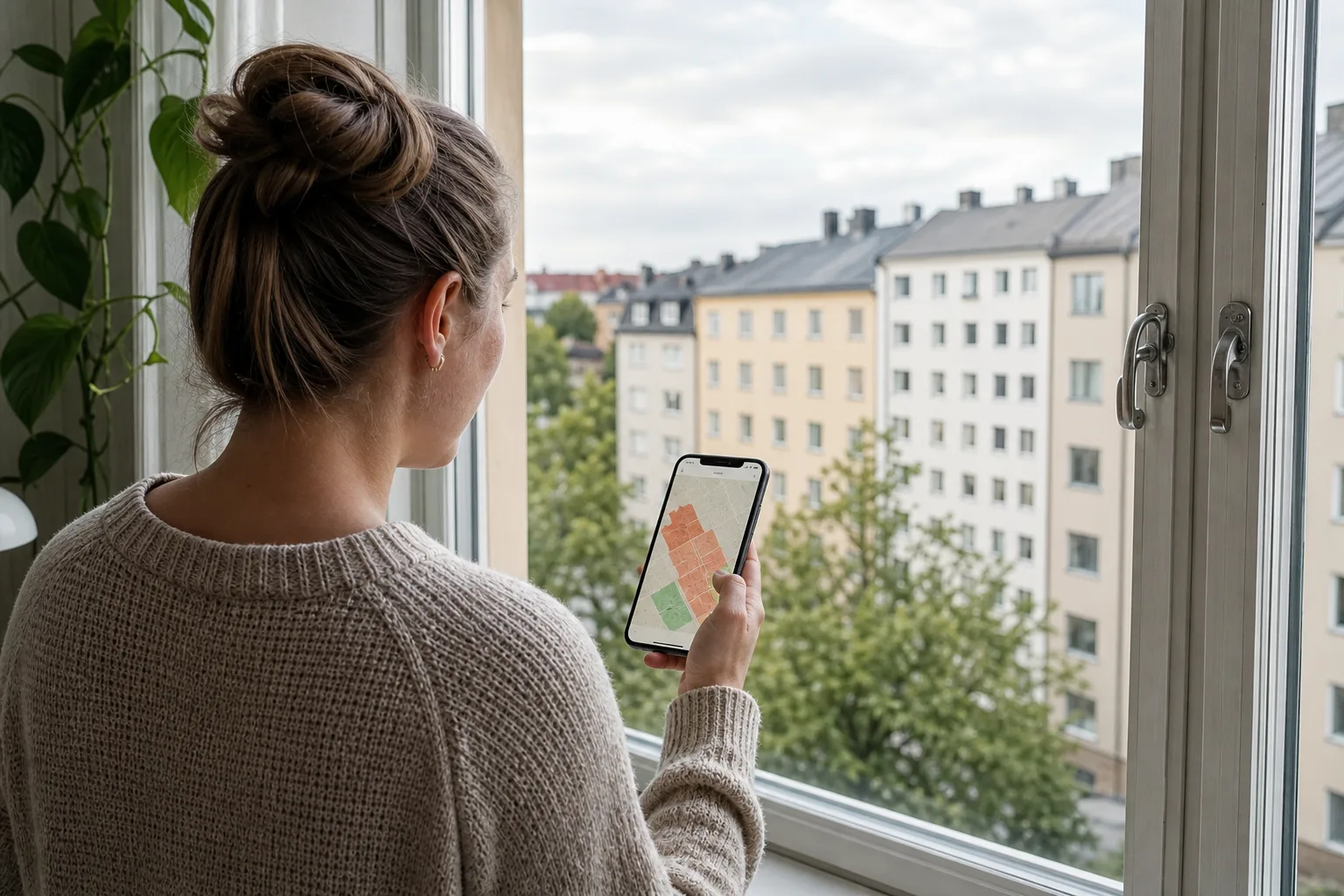 Person tittar på en karta med markerade leveransområden runt sitt bostadsområde i telefonen