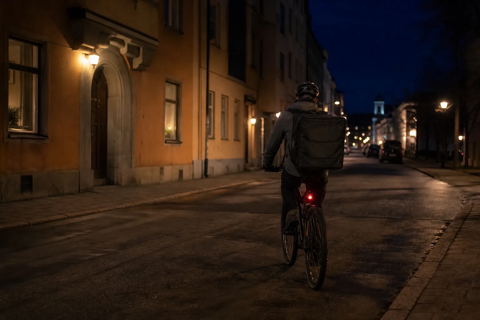 En leveranscyklist kör genom en tyst svensk stadsgata sent på kvällen med en matleverans