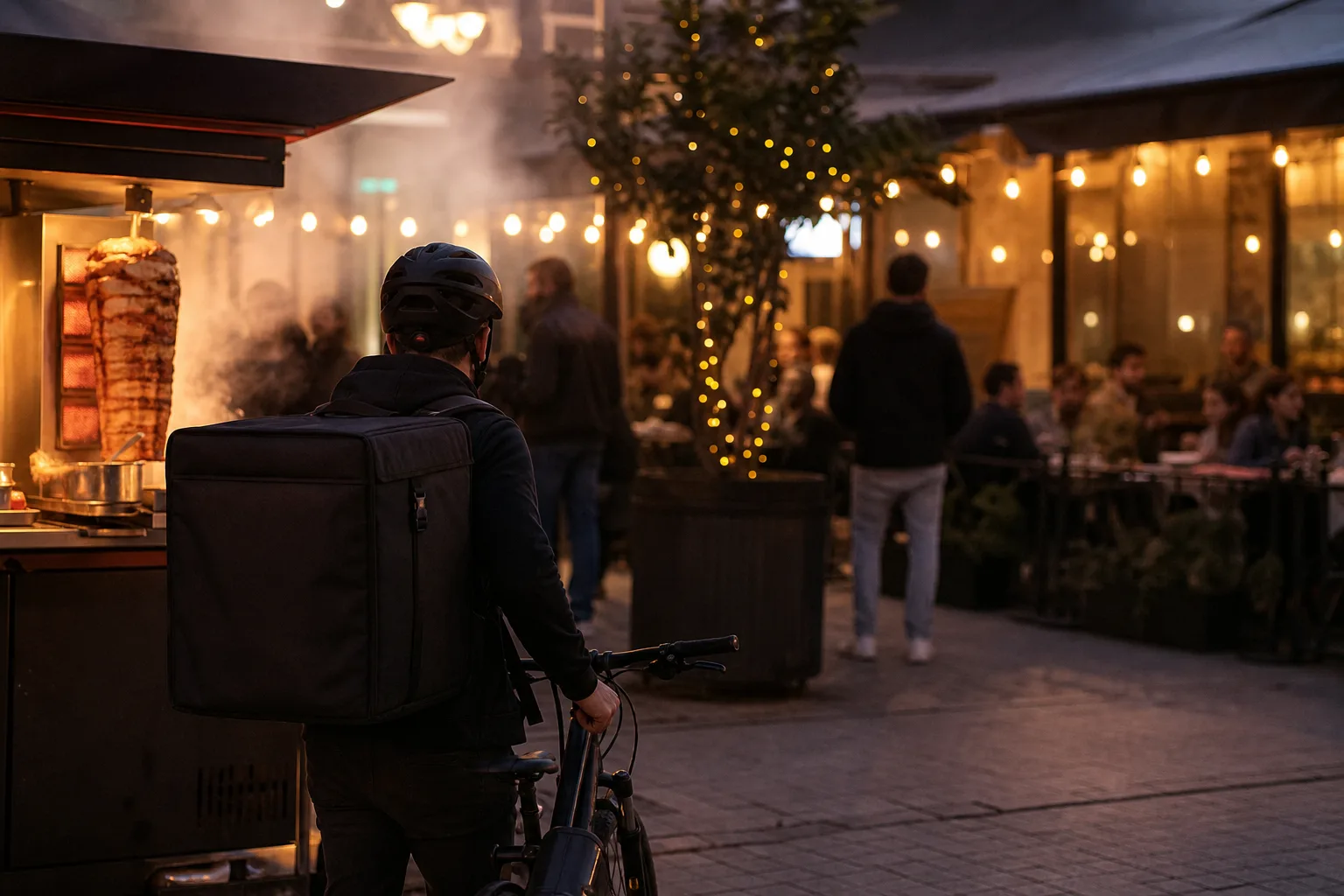 Illustrativ kvällsbild av grillrök och varma ljus utanför en restaurang i en svensk förortsstad