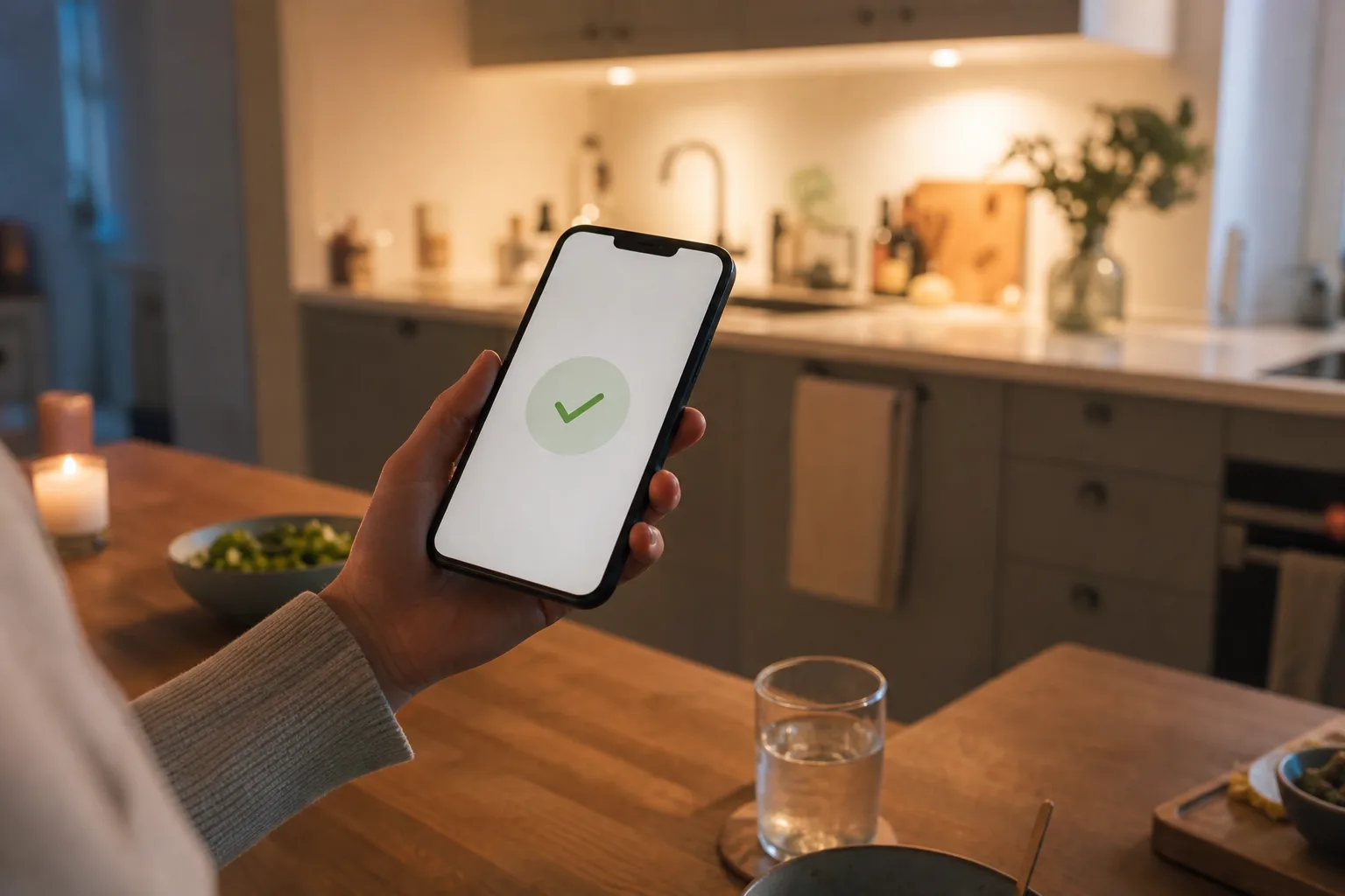 Hand håller en telefon som visar en bekräftelse om en matleverans skickad till en annan adress