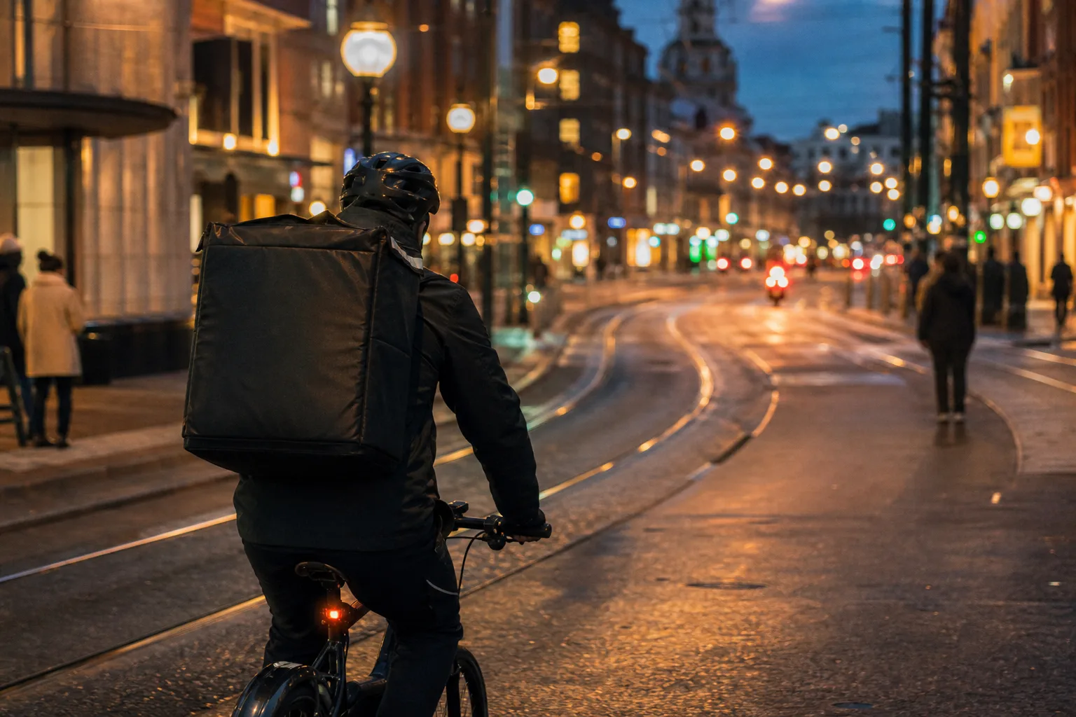 Cyklist med leveransväska på väg genom en tänd stockholmsgata i skymningen