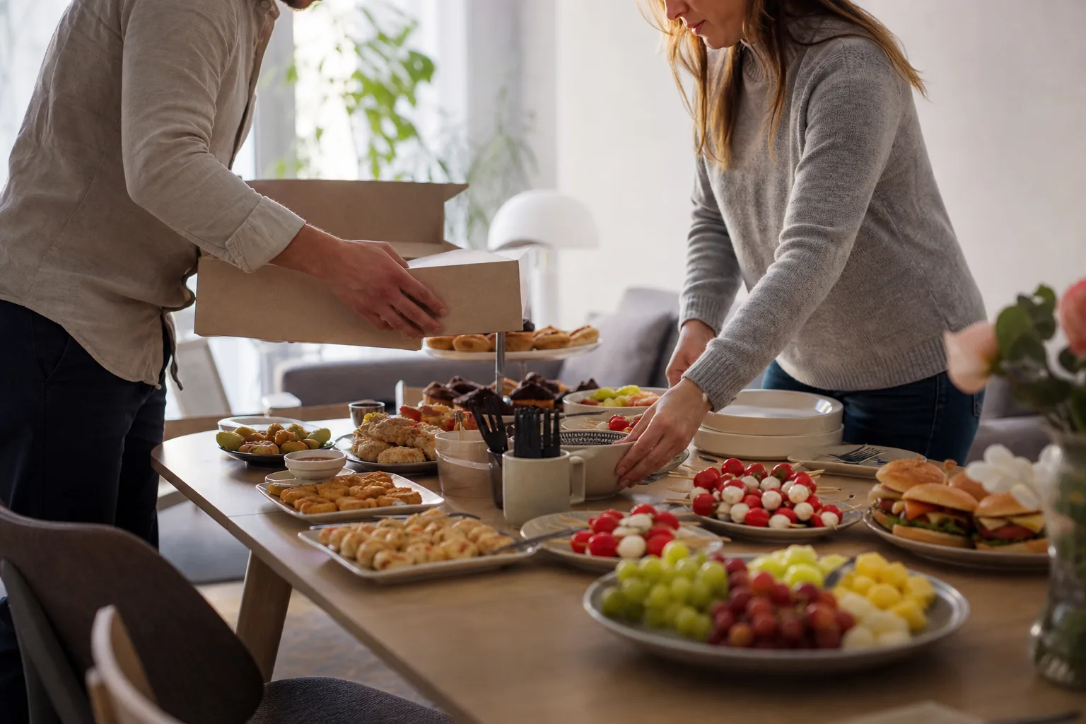 Föräldrar dukar fram plockmat på ett bord inför ett barnkalas hemma