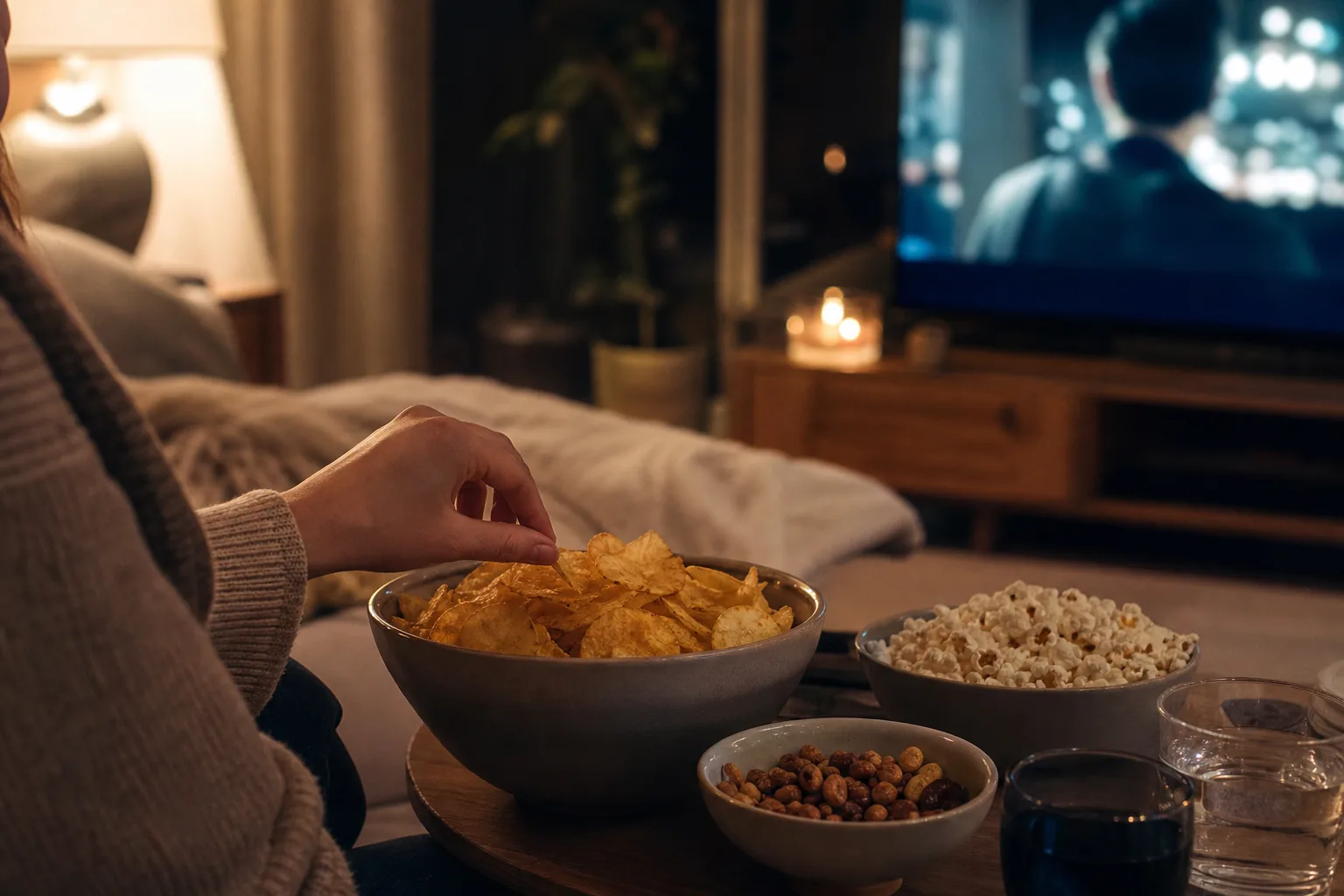 Skål med lättätna snacks på soffbordet framför en tv redo för filmkväll