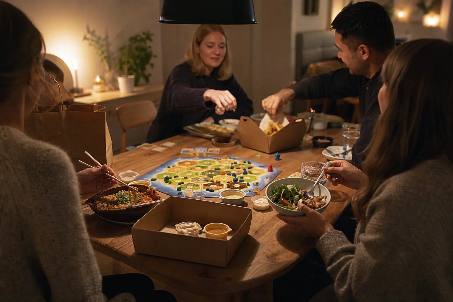 Vänner samlade runt ett bord med brädspel och beställd mat under en spelkväll