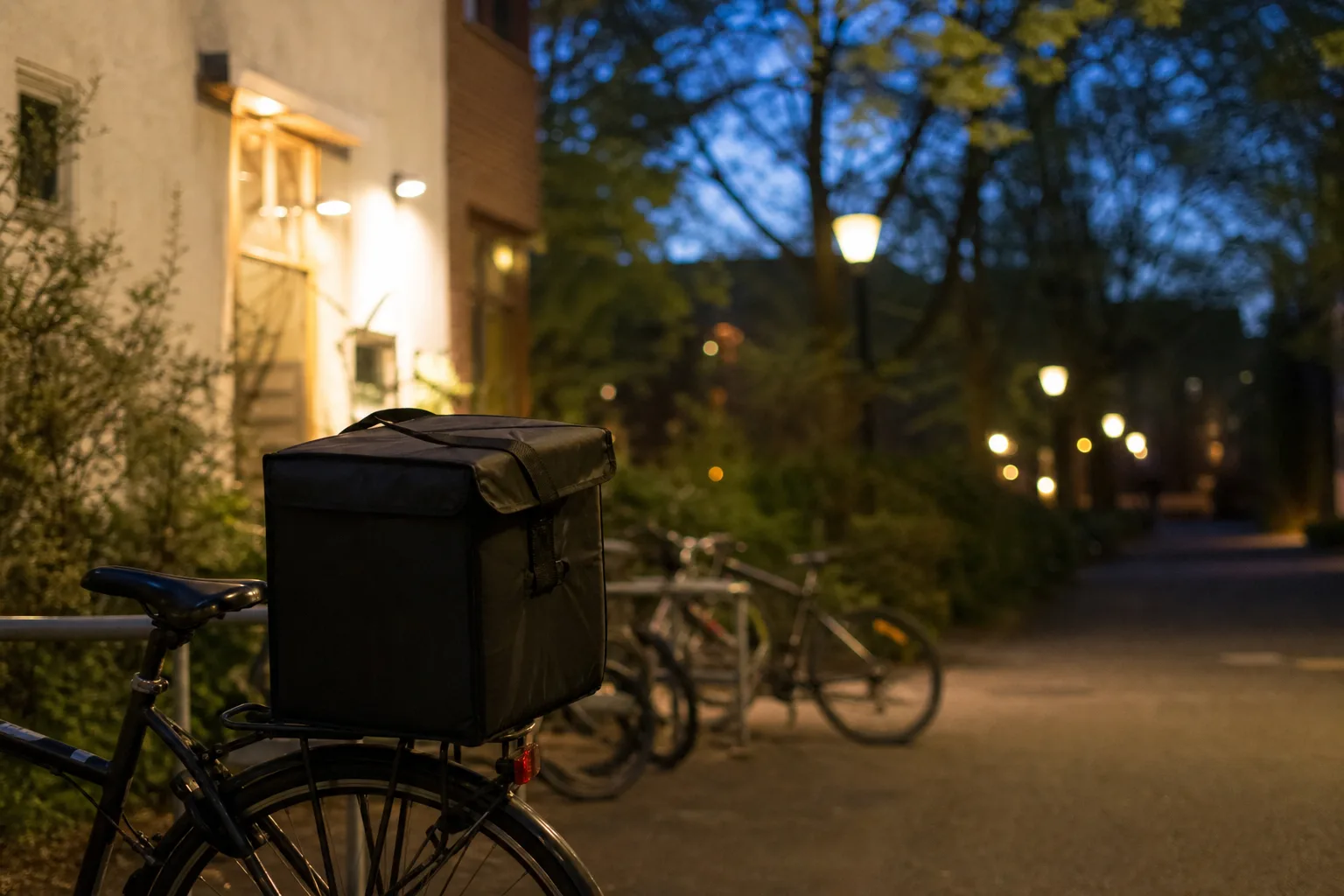 Leveransväska på pakethållaren till en cykel utanför ett studentboende i Uppsala en kväll