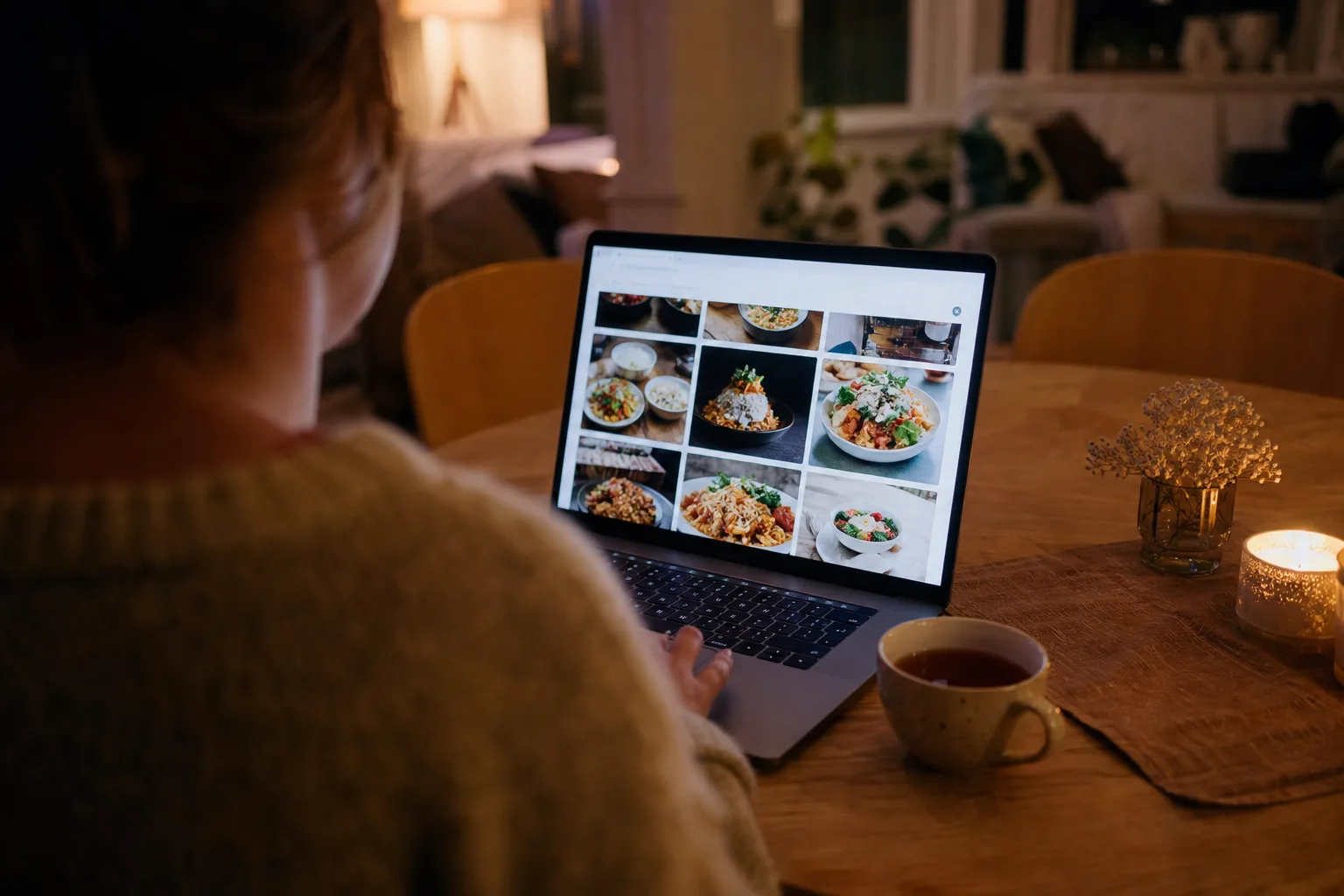 Person sitter vid en bärbar dator på kvällen och surfar in på en matleveranssida i webbläsaren