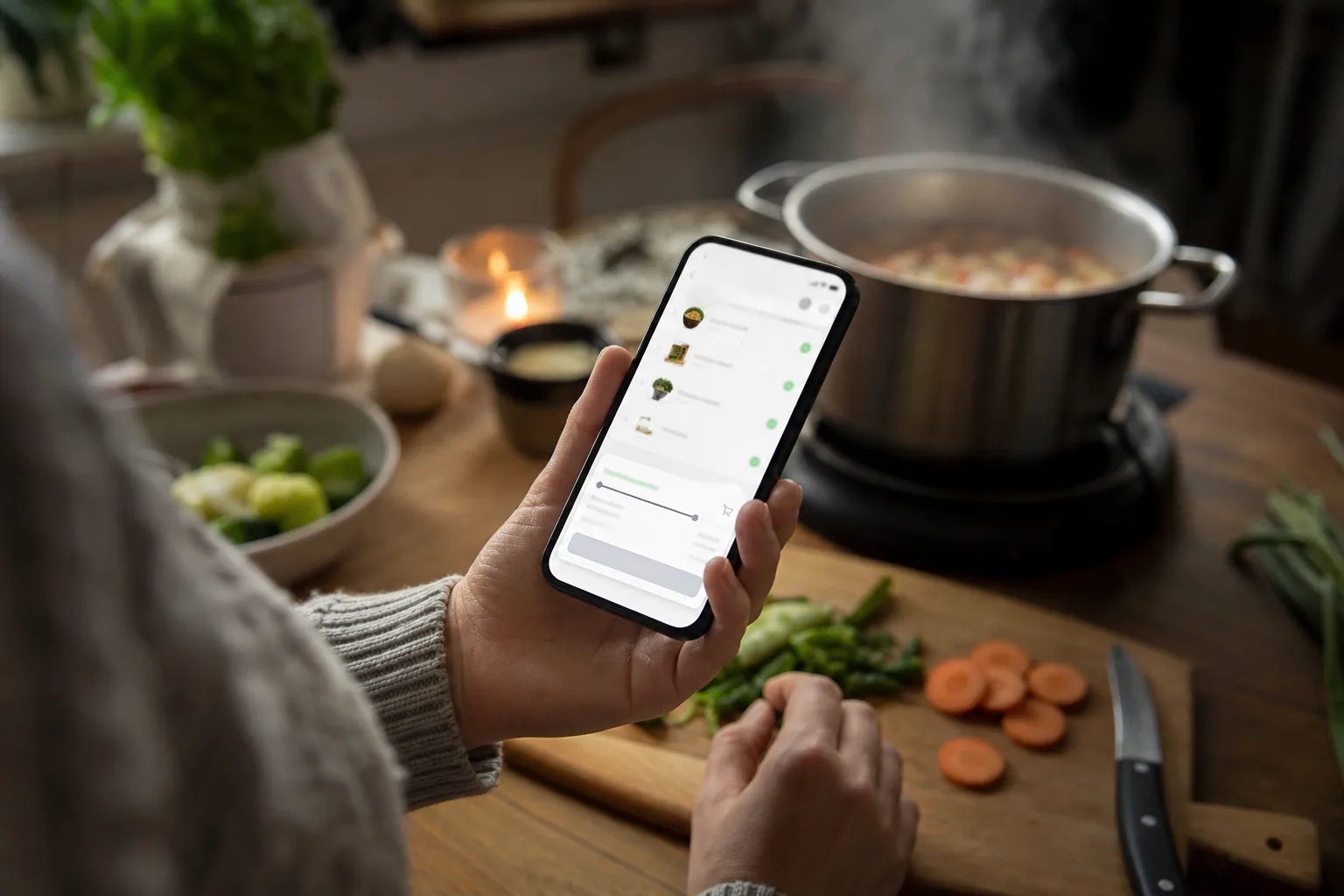 Mobiltelefon visar en varukorg i en matbeställningsapp strax under miniminivån vid ett köksbord