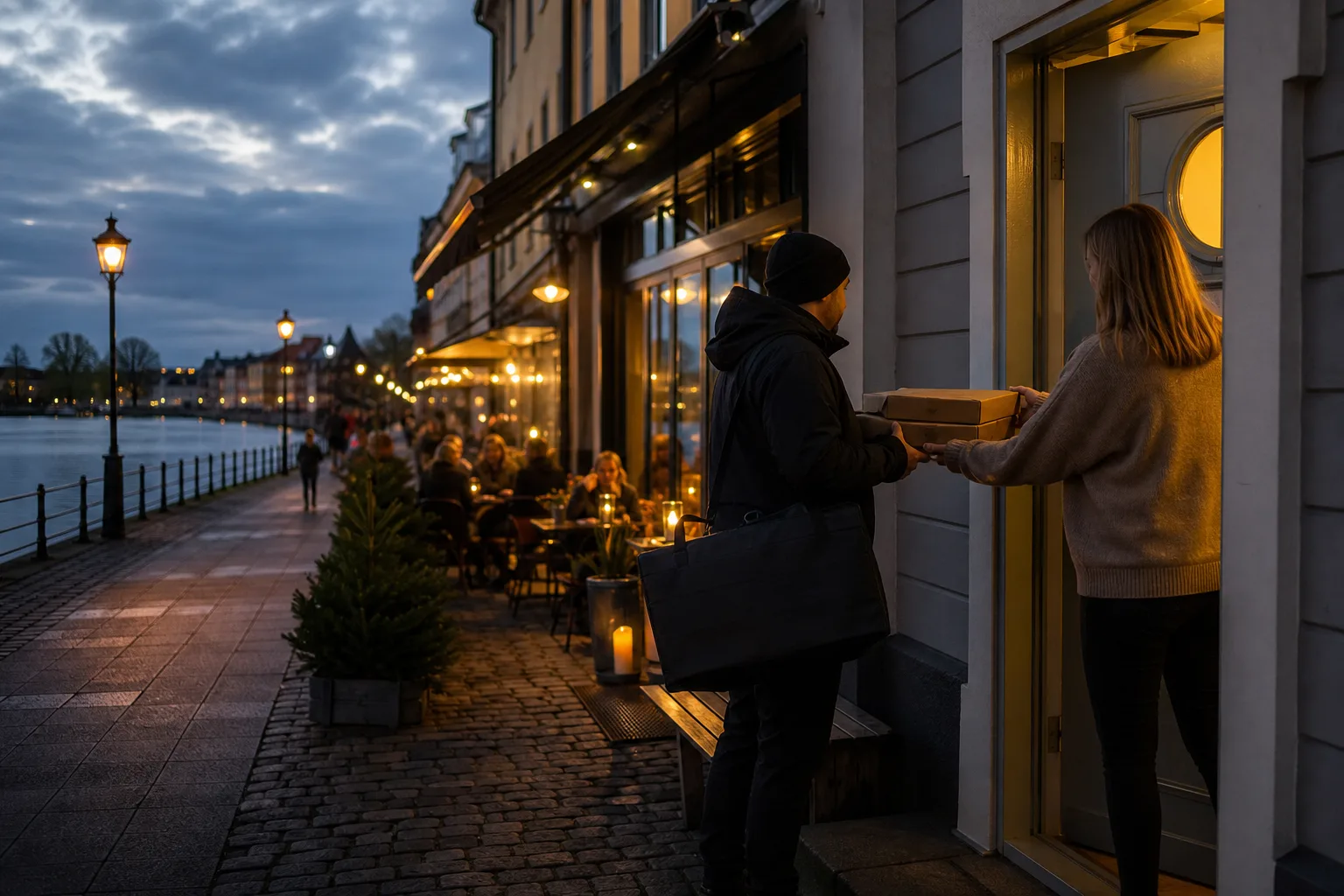 Illustrativ kvällsbild av en mindre svensk stad vid en sjö med varmt ljus från restaurangfönster