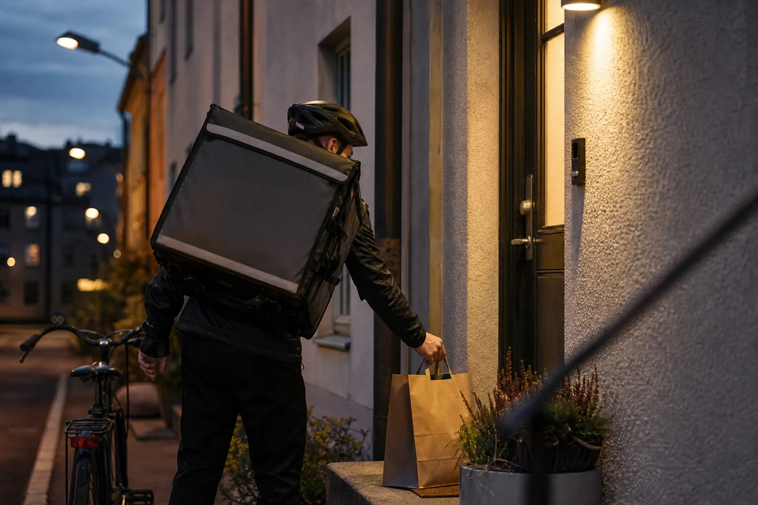 Matbud lämnar en leveranspåse vid en dörr i en svensk bostadsgata på kvällen