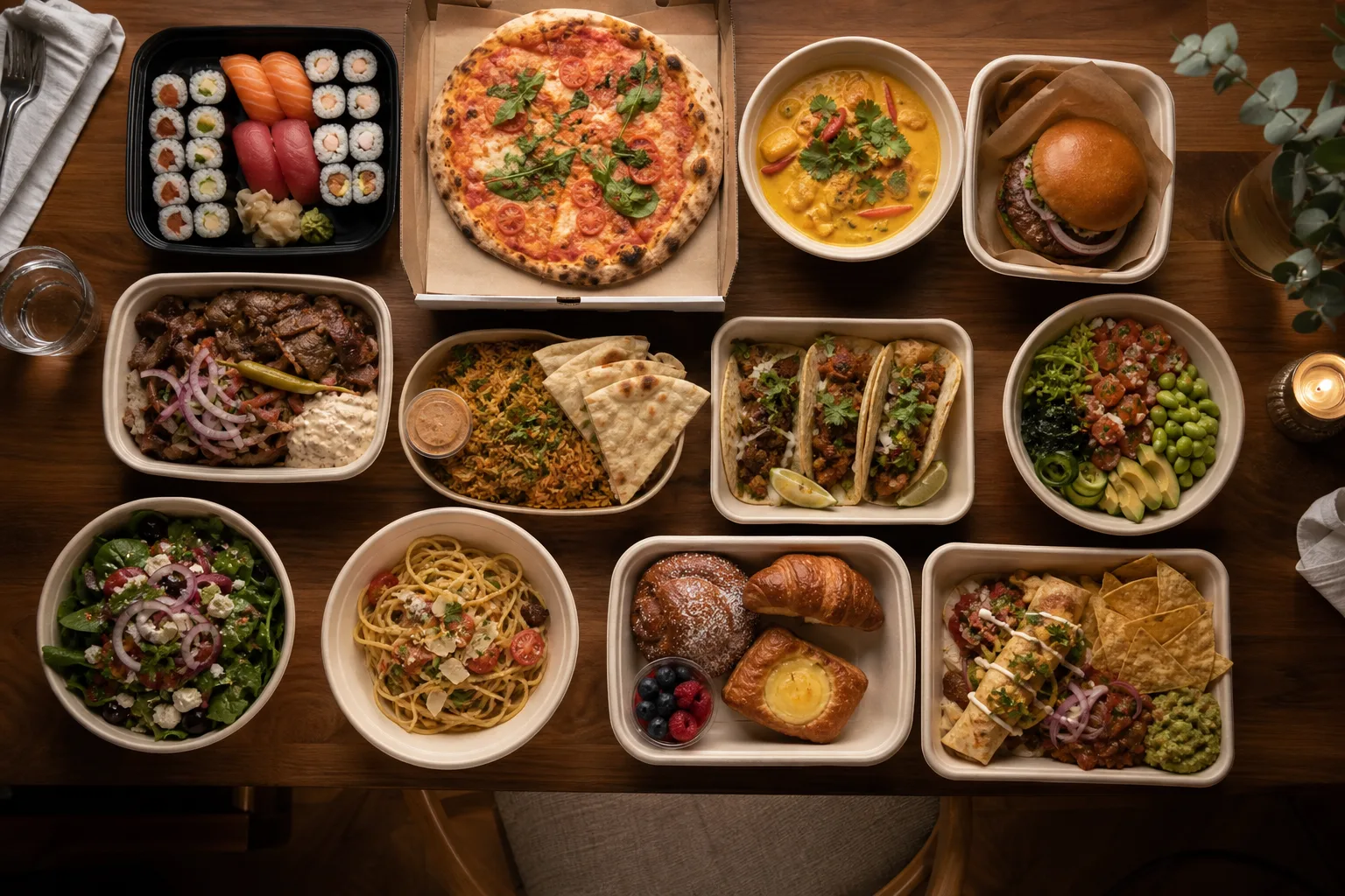 Tolv olika hemlevererade rätter uppradade: sushi, pizza, thaicurry, burgare, kebab, biryani, tacos, pokébowl, sallad, pasta och frukost