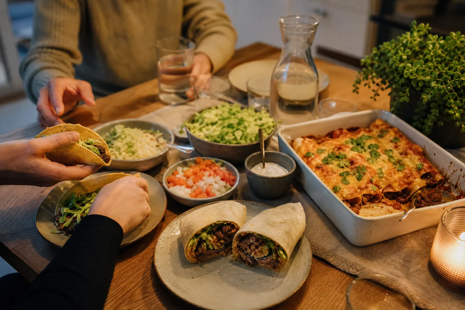Ett köksbord med tacos, en burrito skuren på mitten och en skål guacamole, hemma i ett svenskt kök en vardagskväll
